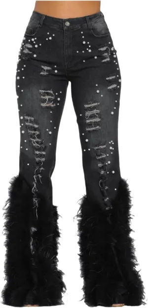 Faux-Fur Ripped Beaded Stretch Skinny Denim Jeans Pants