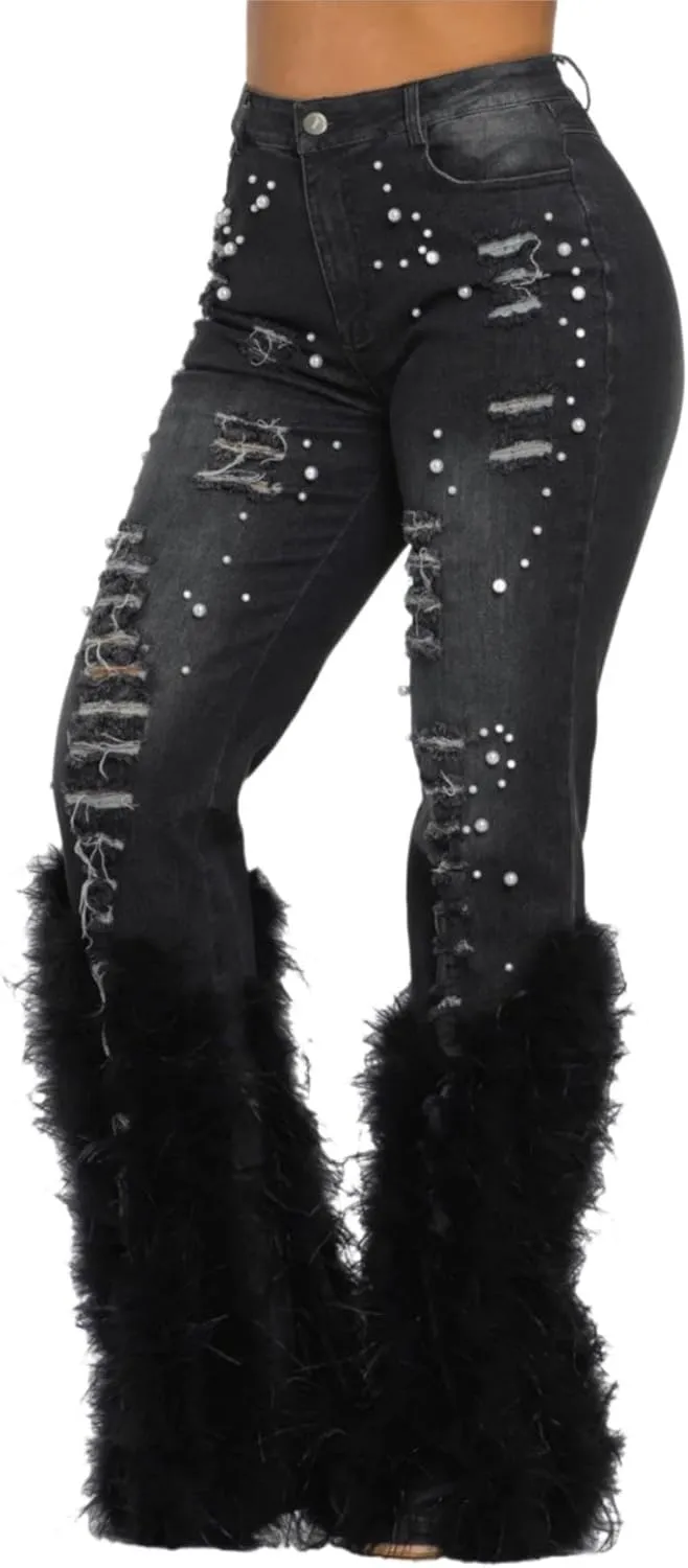 Faux-Fur Ripped Beaded Stretch Skinny Denim Jeans Pants