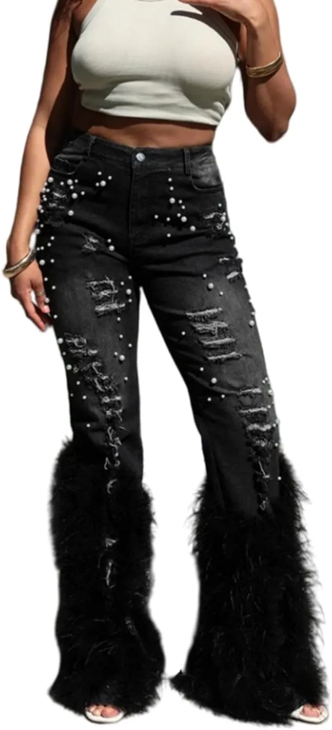 Faux-Fur Ripped Beaded Stretch Skinny Denim Jeans Pants