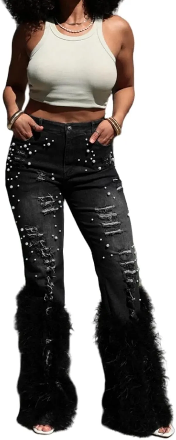 Faux-Fur Ripped Beaded Stretch Skinny Denim Jeans Pants