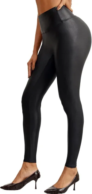 Faux Leather Leggings for Women High Waisted Leather Pants Stretch Tummy Control Black Elastic Pleather Tights