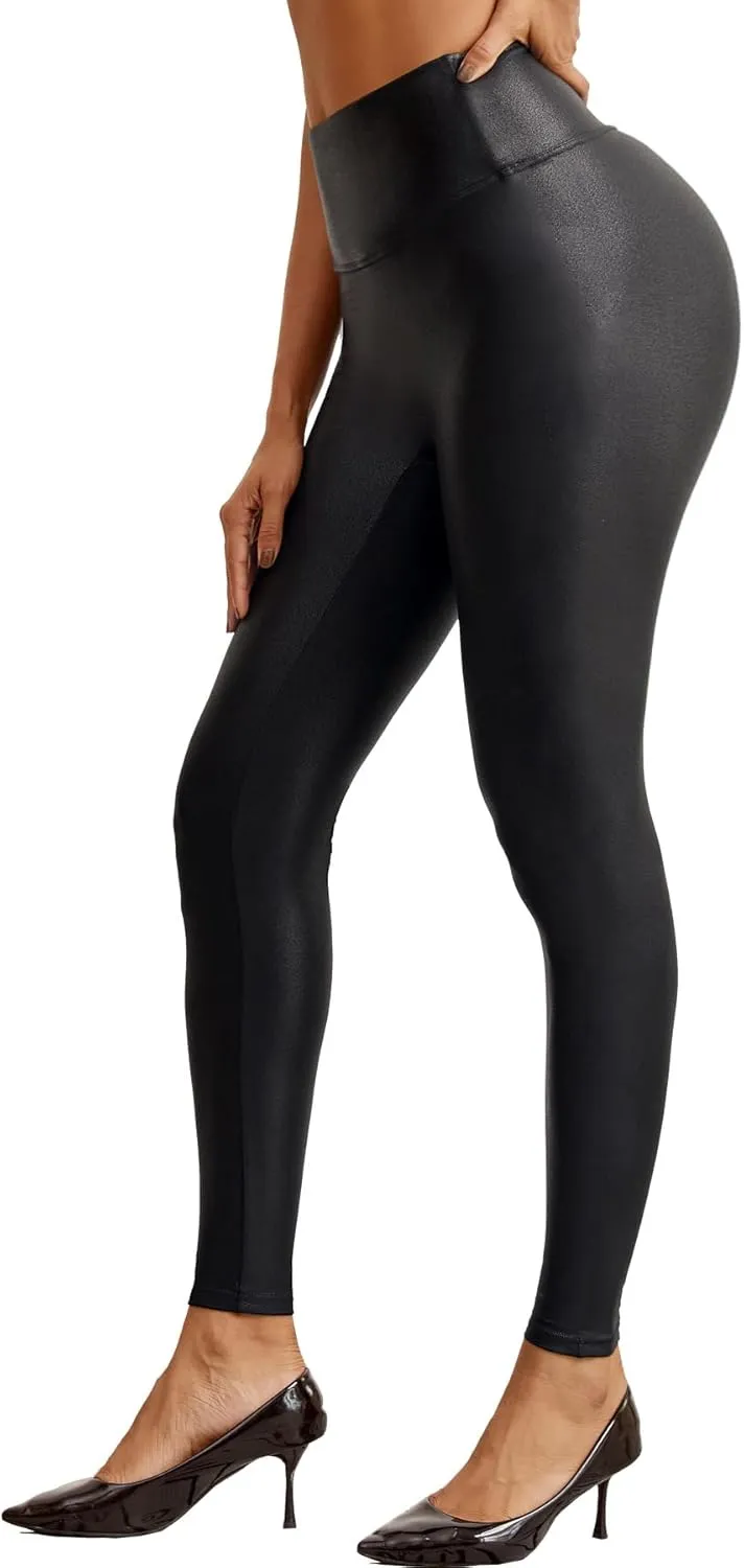 Faux Leather Leggings for Women High Waisted Leather Pants Stretch Tummy Control Black Elastic Pleather Tights