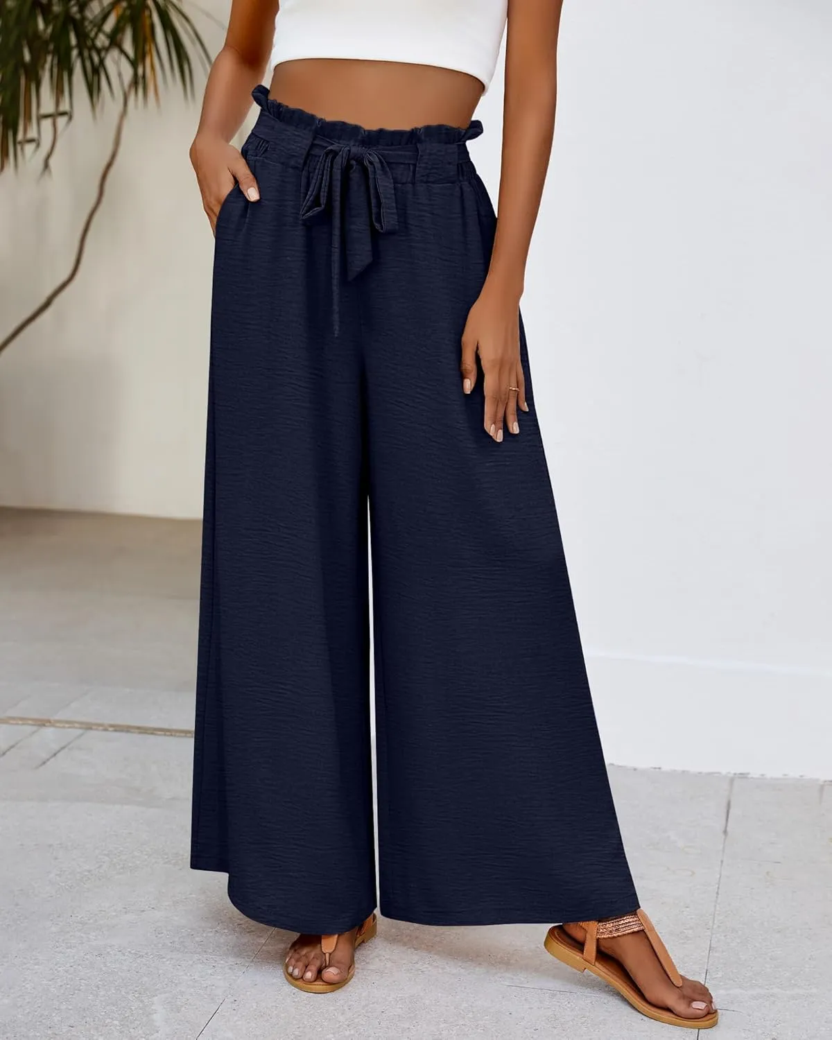 Ficerd Women's Wide Leg Pants Palazzo High Waisted Flowy Loose Casual 2025 Summer Beach Boho Baggy Trousers with Pockets