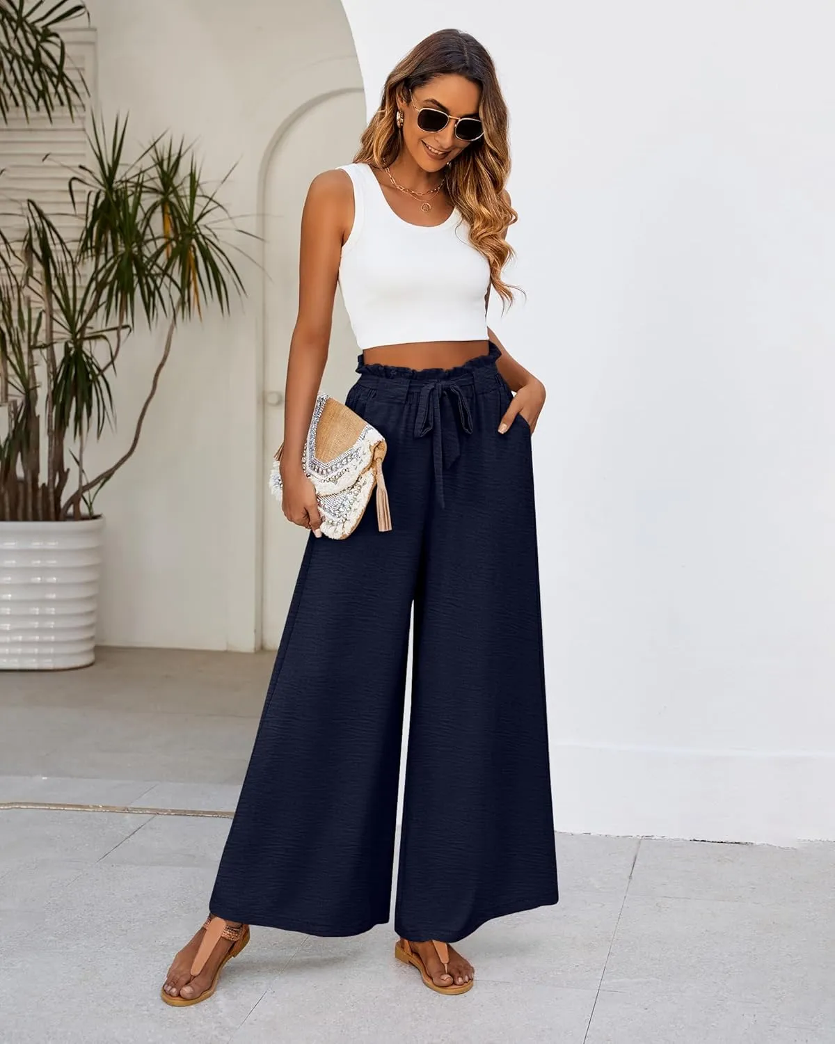 Ficerd Women's Wide Leg Pants Palazzo High Waisted Flowy Loose Casual 2025 Summer Beach Boho Baggy Trousers with Pockets