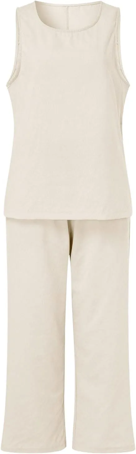 Firzero Two Piece Sets for Women Summer Linen 2 Piece Outfits Long Sleeve Crewneck Shirts Matching Wide Leg Pants Lounge Sets