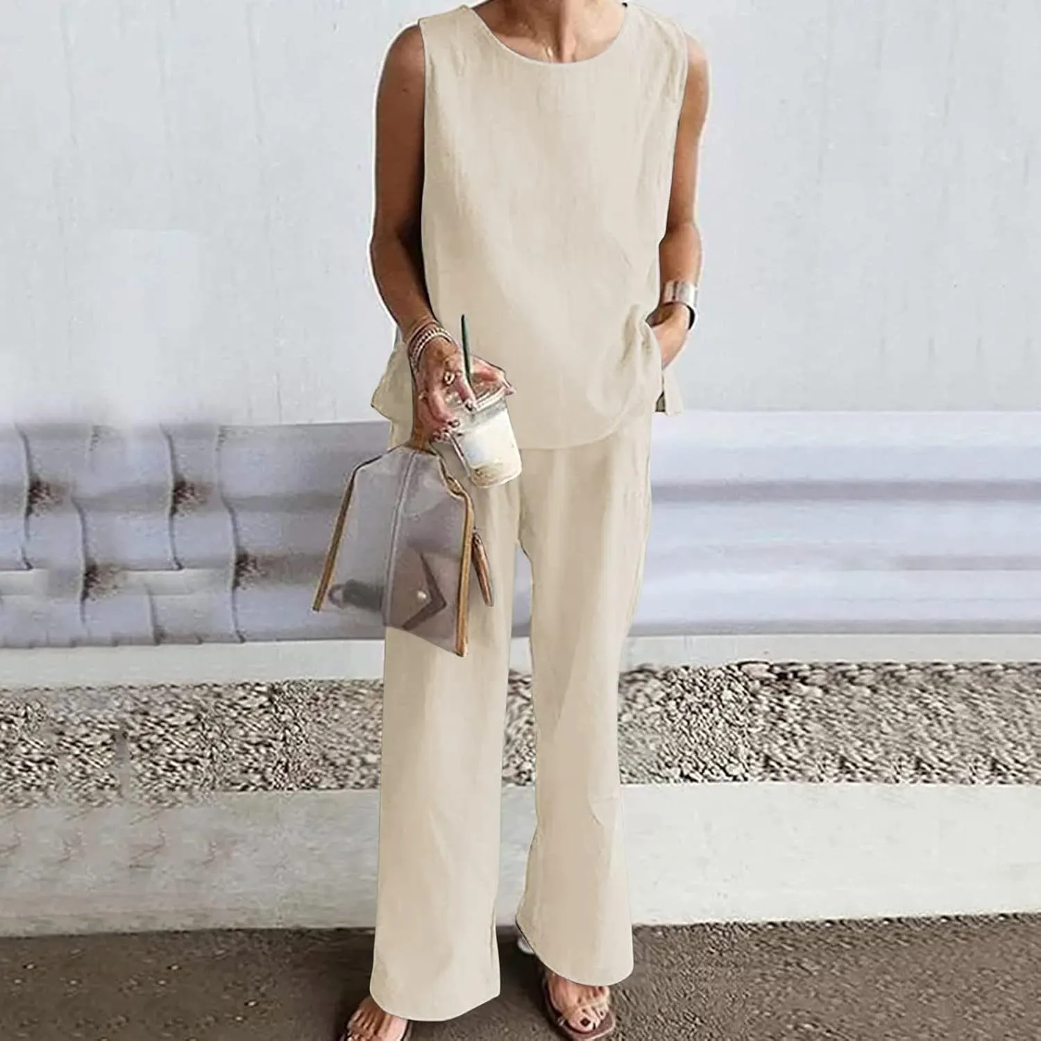 Firzero Two Piece Sets for Women Summer Linen 2 Piece Outfits Long Sleeve Crewneck Shirts Matching Wide Leg Pants Lounge Sets