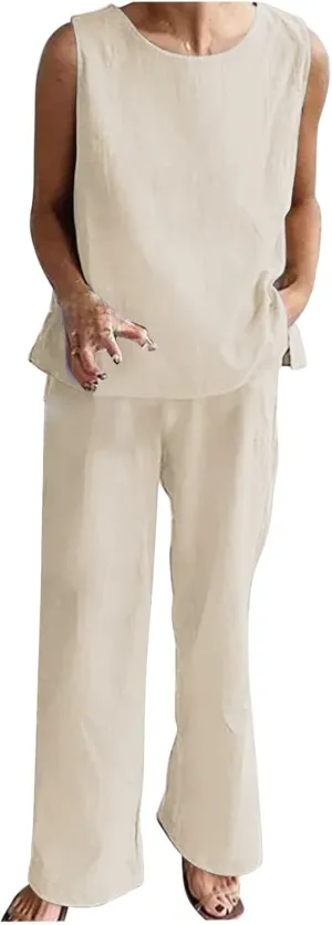 Firzero Two Piece Sets for Women Summer Linen 2 Piece Outfits Long Sleeve Crewneck Shirts Matching Wide Leg Pants Lounge Sets