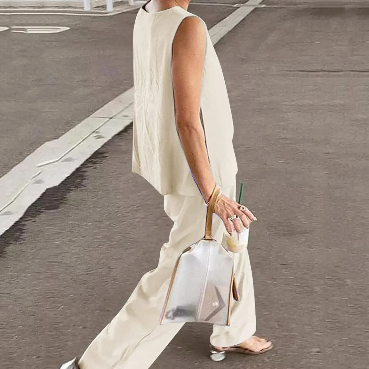Firzero Two Piece Sets for Women Summer Linen 2 Piece Outfits Long Sleeve Crewneck Shirts Matching Wide Leg Pants Lounge Sets