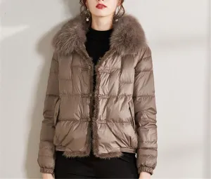 Fjnbbiot Fur Collar Winter Women White Duck Down Jacket Ladies Short Warm Puffer Coat Loose Vintage Parka