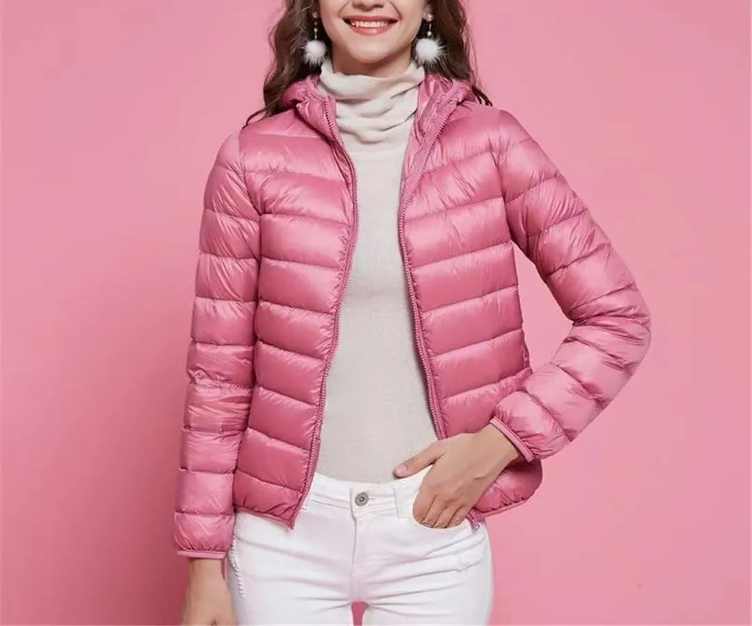 Fjnbbiot White Duck Down Jacket Winter Women Hooded Lightweight Packable Puffer Coat Down Short Jacket