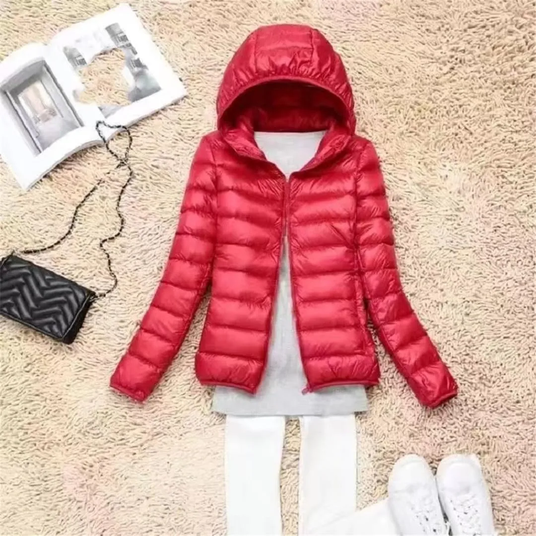 Fjnbbiot White Duck Down Jacket Winter Women Hooded Lightweight Packable Puffer Coat Down Short Jacket
