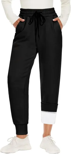 Fleece Joggers for Women Drawstring High Waist Baggy Casual Tapered Fleece Lined Sweatpants with Pockets Winter Lounge Pants
