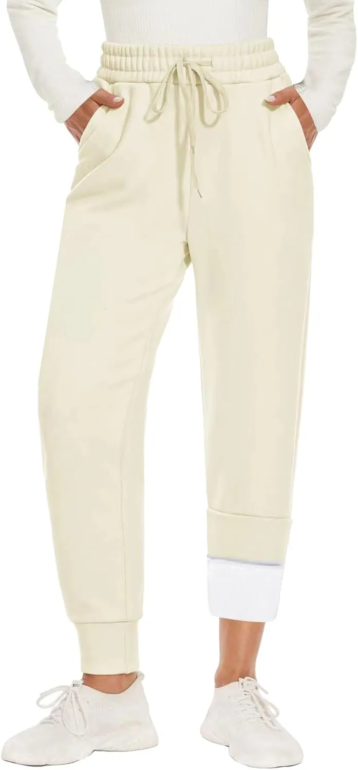 Fleece Joggers for Women Drawstring High Waist Baggy Casual Tapered Fleece Lined Sweatpants with Pockets Winter Lounge Pants