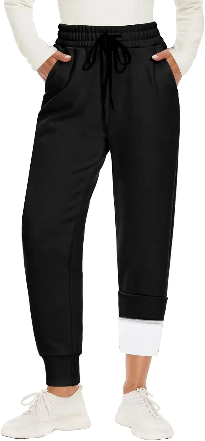 Fleece Joggers for Women Drawstring High Waist Baggy Casual Tapered Fleece Lined Sweatpants with Pockets Winter Lounge Pants