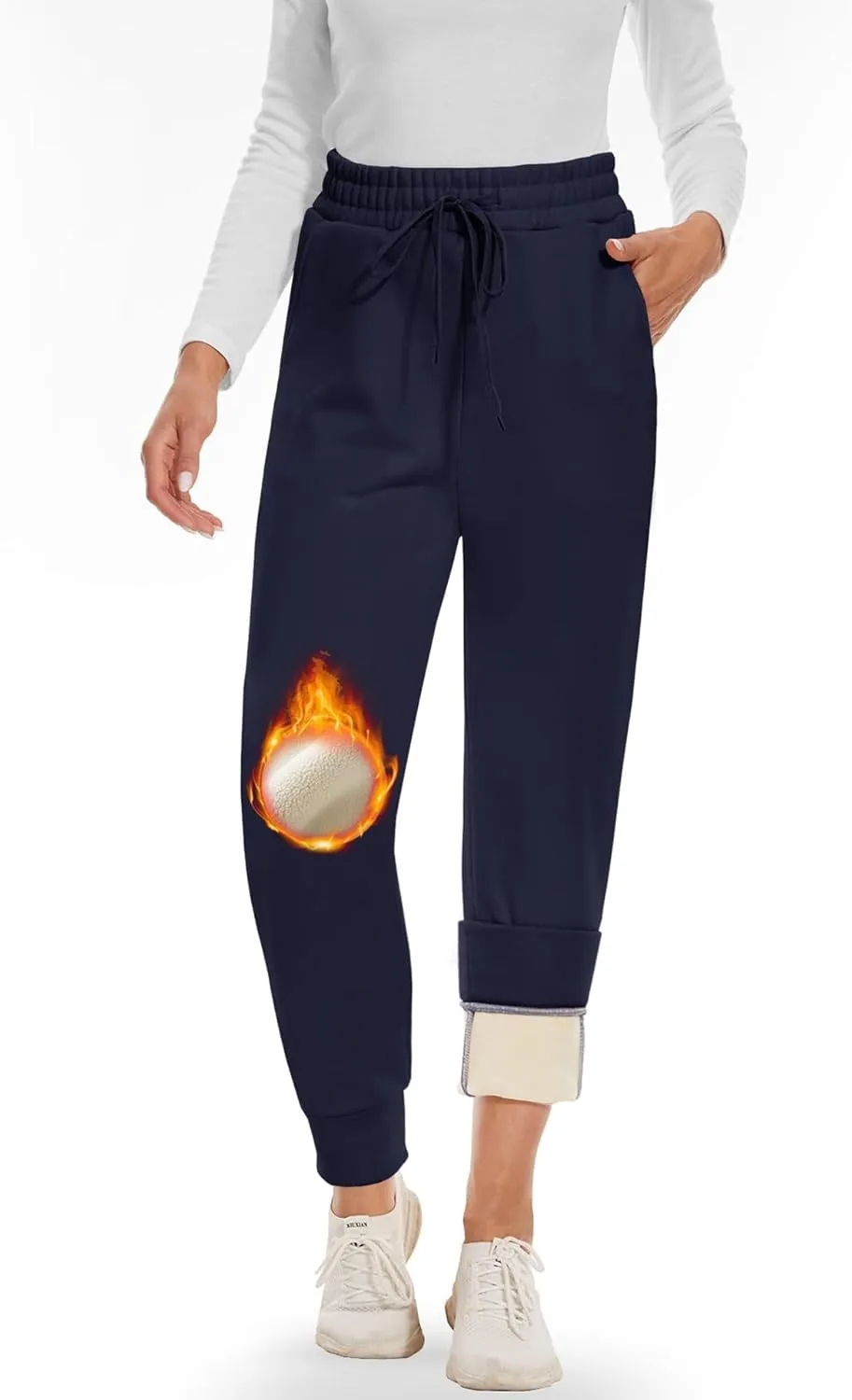 Fleece Joggers for Women Drawstring High Waist Baggy Casual Tapered Fleece Lined Sweatpants with Pockets Winter Lounge Pants