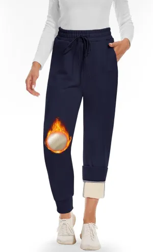 Fleece Joggers for Women Drawstring High Waist Baggy Casual Tapered Fleece Lined Sweatpants with Pockets Winter Lounge Pants
