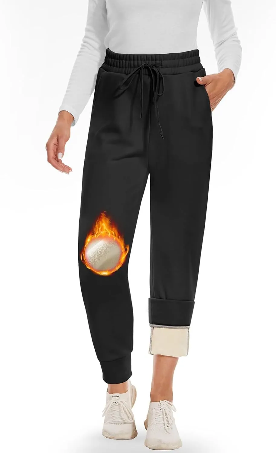 Fleece Joggers for Women Drawstring High Waist Baggy Casual Tapered Fleece Lined Sweatpants with Pockets Winter Lounge Pants