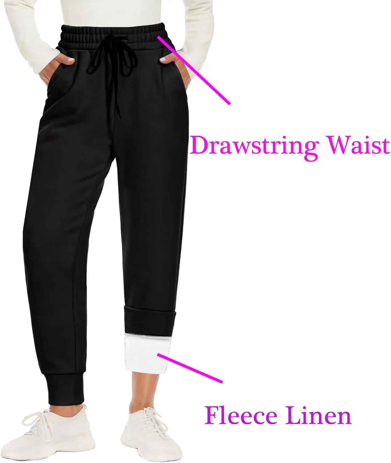 Fleece Joggers for Women Drawstring High Waist Baggy Casual Tapered Fleece Lined Sweatpants with Pockets Winter Lounge Pants