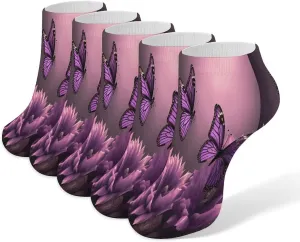 Flowers And Purple Butterfly 5 Pairs Ankle Socks Comfort Athletic Socks Low Cut Breathable Casual Sock for Unisex