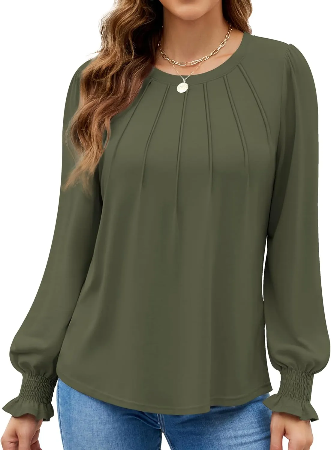 Funlingo Womens Long Sleeve Tops Fashion Fall Shirts Scoop Neck Pleated Ruffle Loose Tunic Tops Business Work Blouse