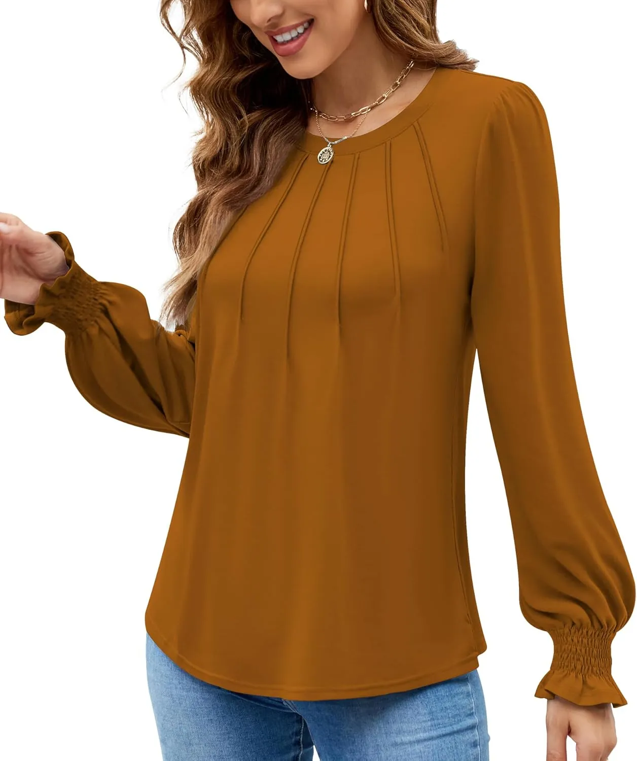 Funlingo Womens Long Sleeve Tops Fashion Fall Shirts Scoop Neck Pleated Ruffle Loose Tunic Tops Business Work Blouse
