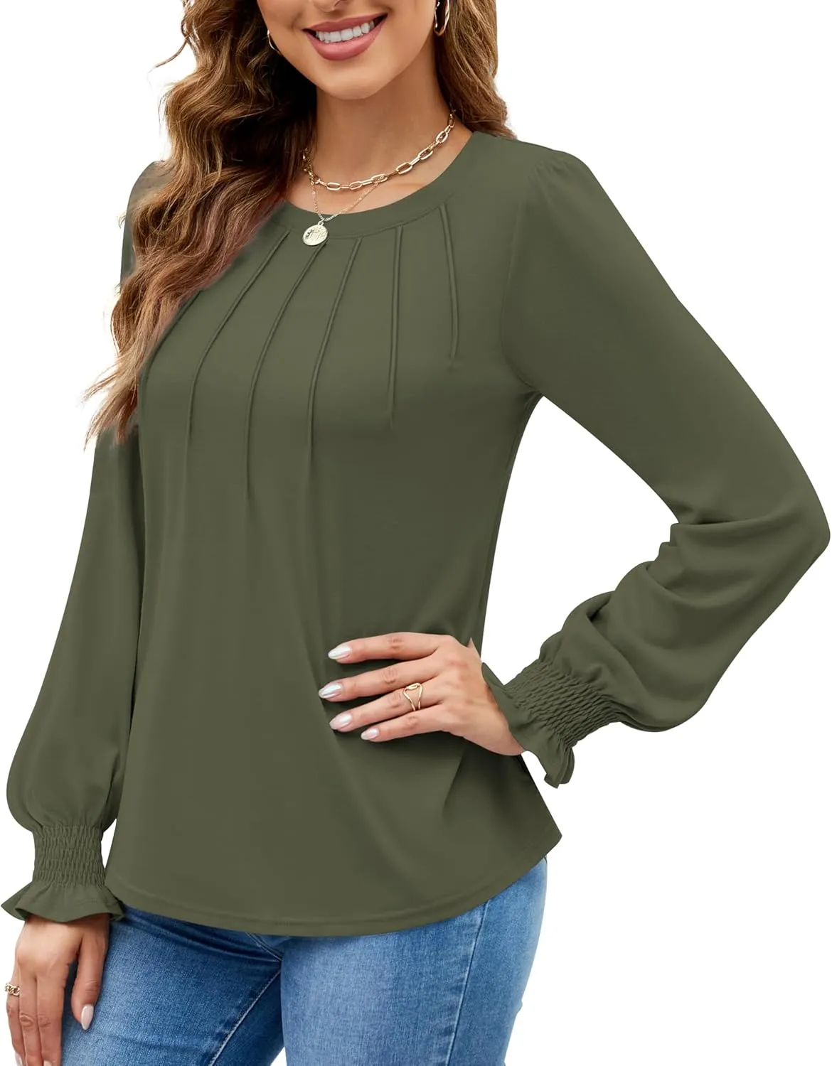 Funlingo Womens Long Sleeve Tops Fashion Fall Shirts Scoop Neck Pleated Ruffle Loose Tunic Tops Business Work Blouse