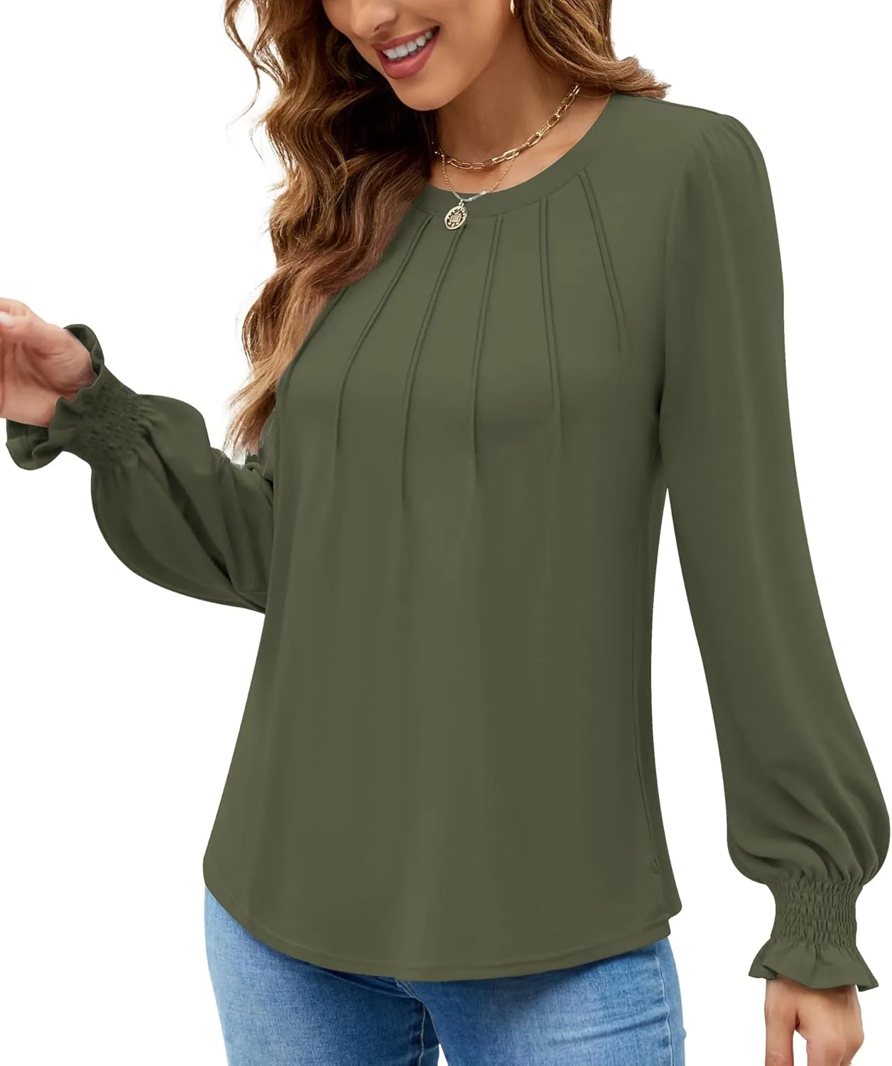 Funlingo Womens Long Sleeve Tops Fashion Fall Shirts Scoop Neck Pleated Ruffle Loose Tunic Tops Business Work Blouse