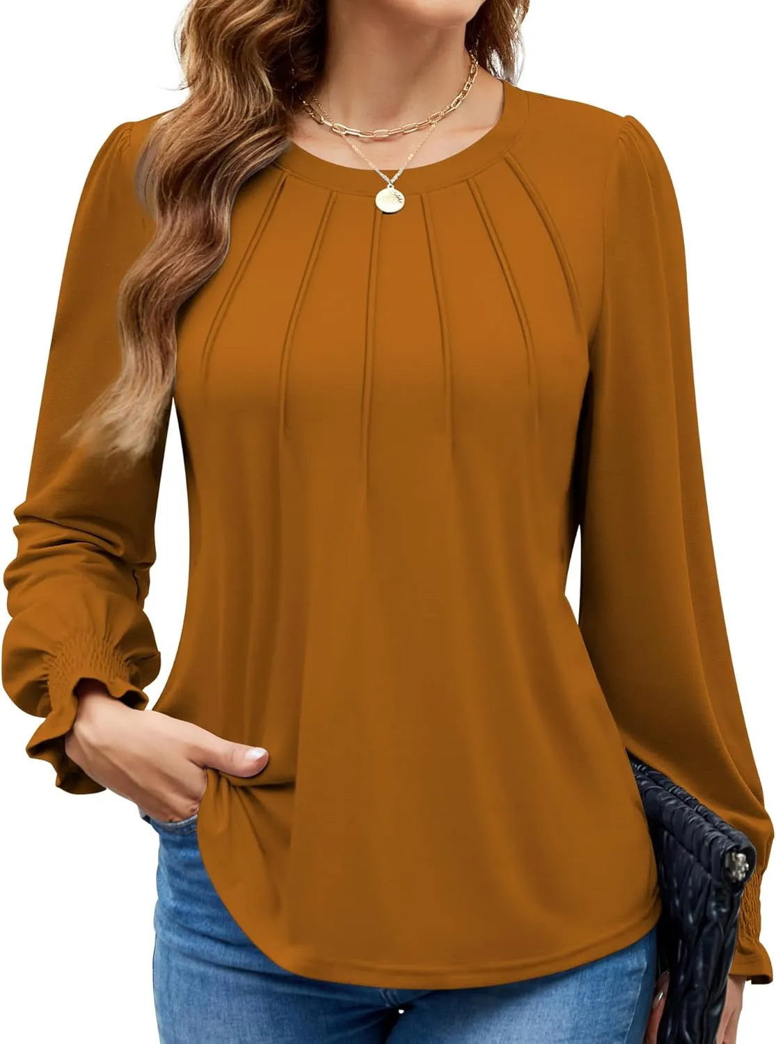 Funlingo Womens Long Sleeve Tops Fashion Fall Shirts Scoop Neck Pleated Ruffle Loose Tunic Tops Business Work Blouse