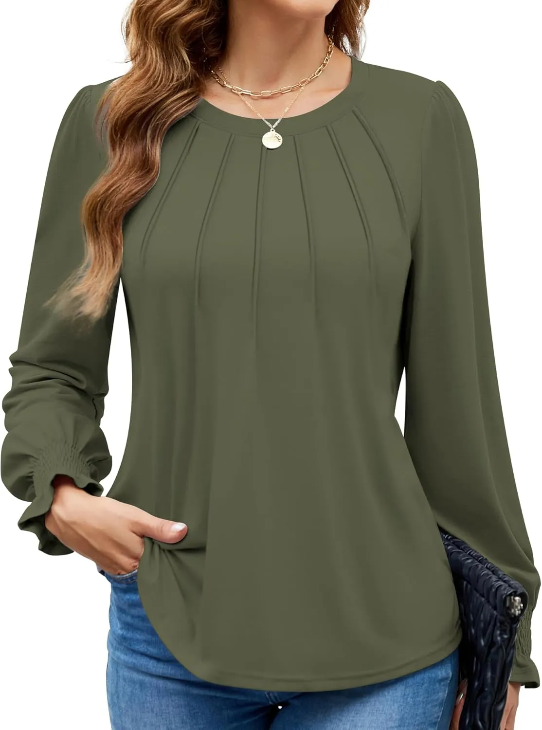 Funlingo Womens Long Sleeve Tops Fashion Fall Shirts Scoop Neck Pleated Ruffle Loose Tunic Tops Business Work Blouse