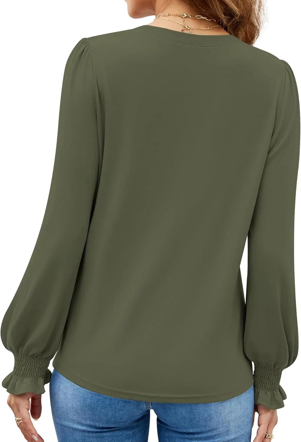 Funlingo Womens Long Sleeve Tops Fashion Fall Shirts Scoop Neck Pleated Ruffle Loose Tunic Tops Business Work Blouse