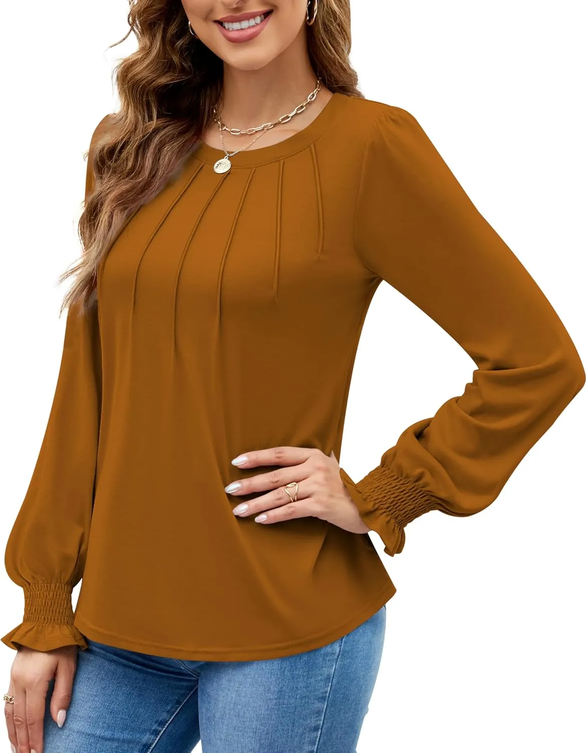 Funlingo Womens Long Sleeve Tops Fashion Fall Shirts Scoop Neck Pleated Ruffle Loose Tunic Tops Business Work Blouse