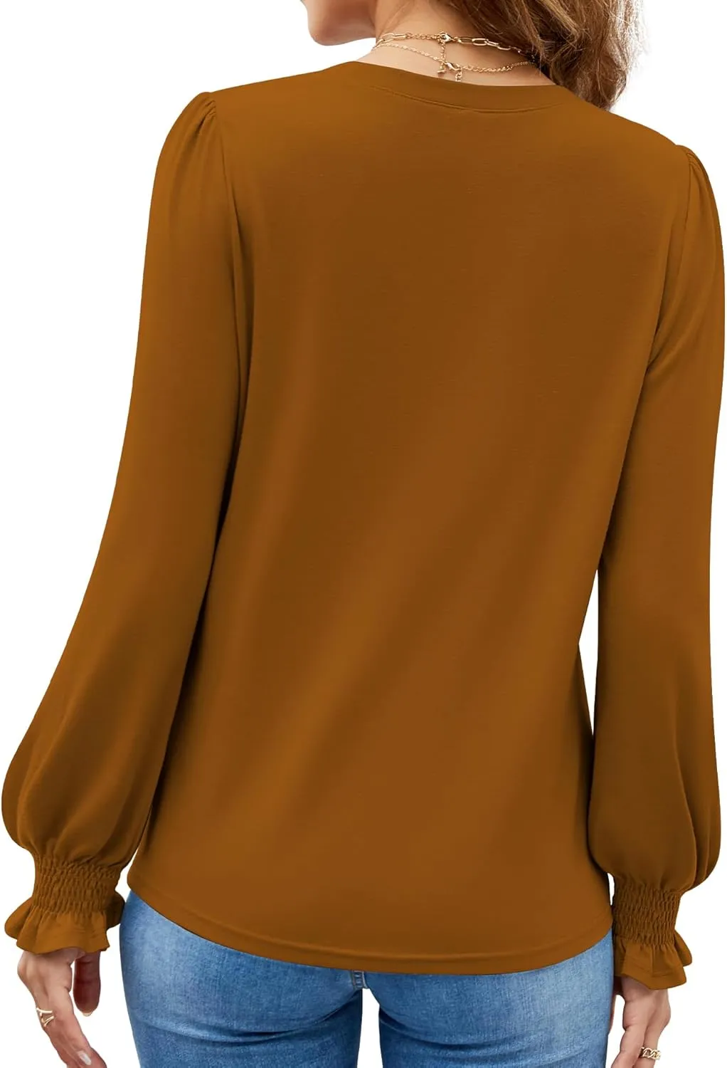 Funlingo Womens Long Sleeve Tops Fashion Fall Shirts Scoop Neck Pleated Ruffle Loose Tunic Tops Business Work Blouse