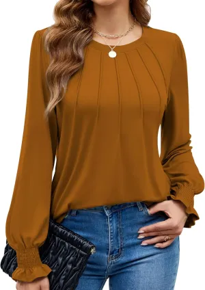 Funlingo Womens Long Sleeve Tops Fashion Fall Shirts Scoop Neck Pleated Ruffle Loose Tunic Tops Business Work Blouse