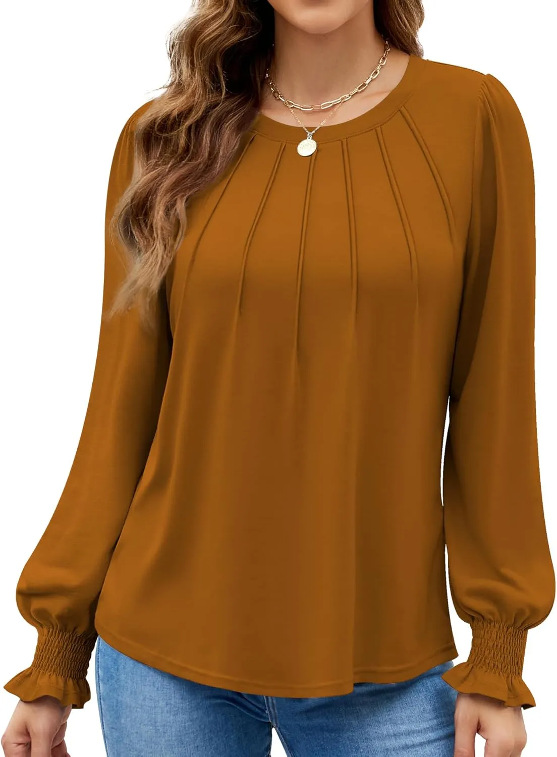 Funlingo Womens Long Sleeve Tops Fashion Fall Shirts Scoop Neck Pleated Ruffle Loose Tunic Tops Business Work Blouse