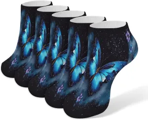 Galaxy Blue Butterfly 5 Pairs Ankle Socks Comfort Athletic Socks Low Cut Breathable Casual Sock for Unisex
