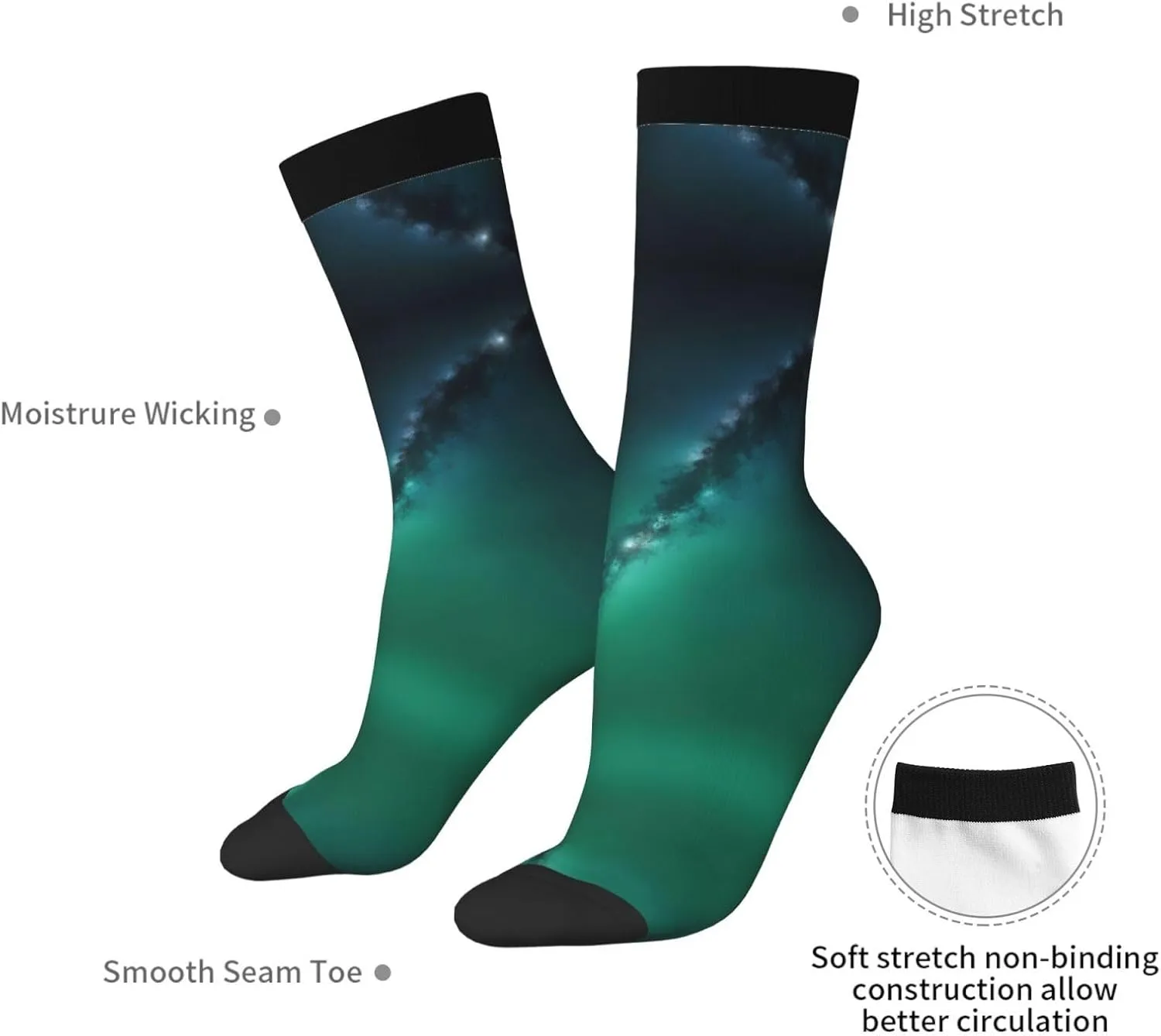 Galaxy Green Print Fun Contrast Socks,Novel Crazy Cool Socks,Pattern Funky Novelty Socks,Unisex Bulk Socks