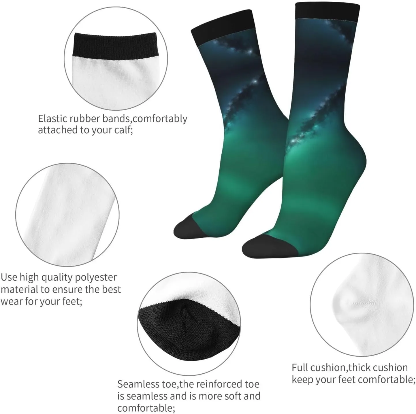 Galaxy Green Print Fun Contrast Socks,Novel Crazy Cool Socks,Pattern Funky Novelty Socks,Unisex Bulk Socks
