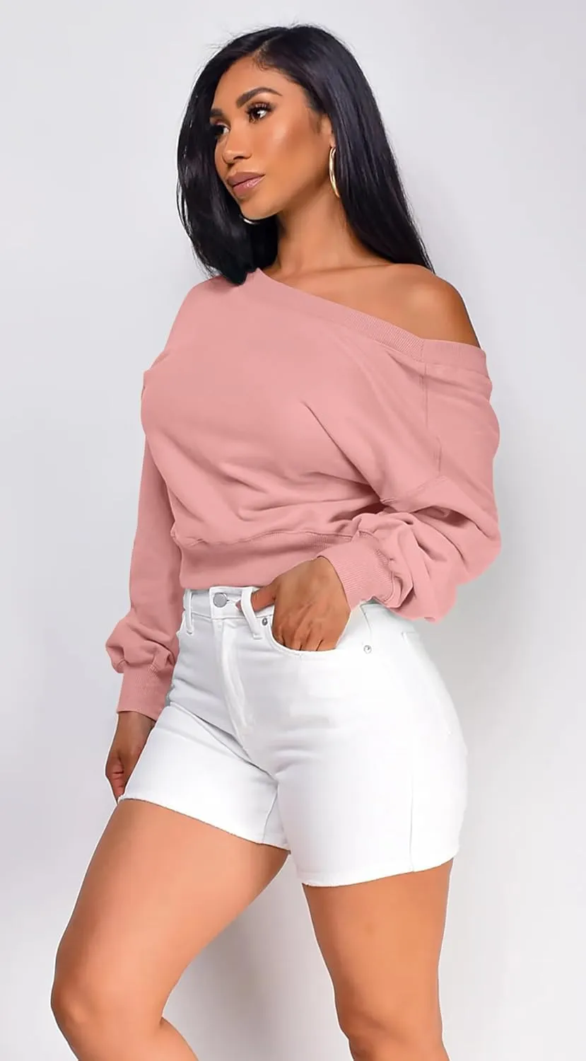GOKATOSAU Women's V Back Long Sleeve Crop Tops One Shoulder Pullover Loose Crewneck Sweatshirts