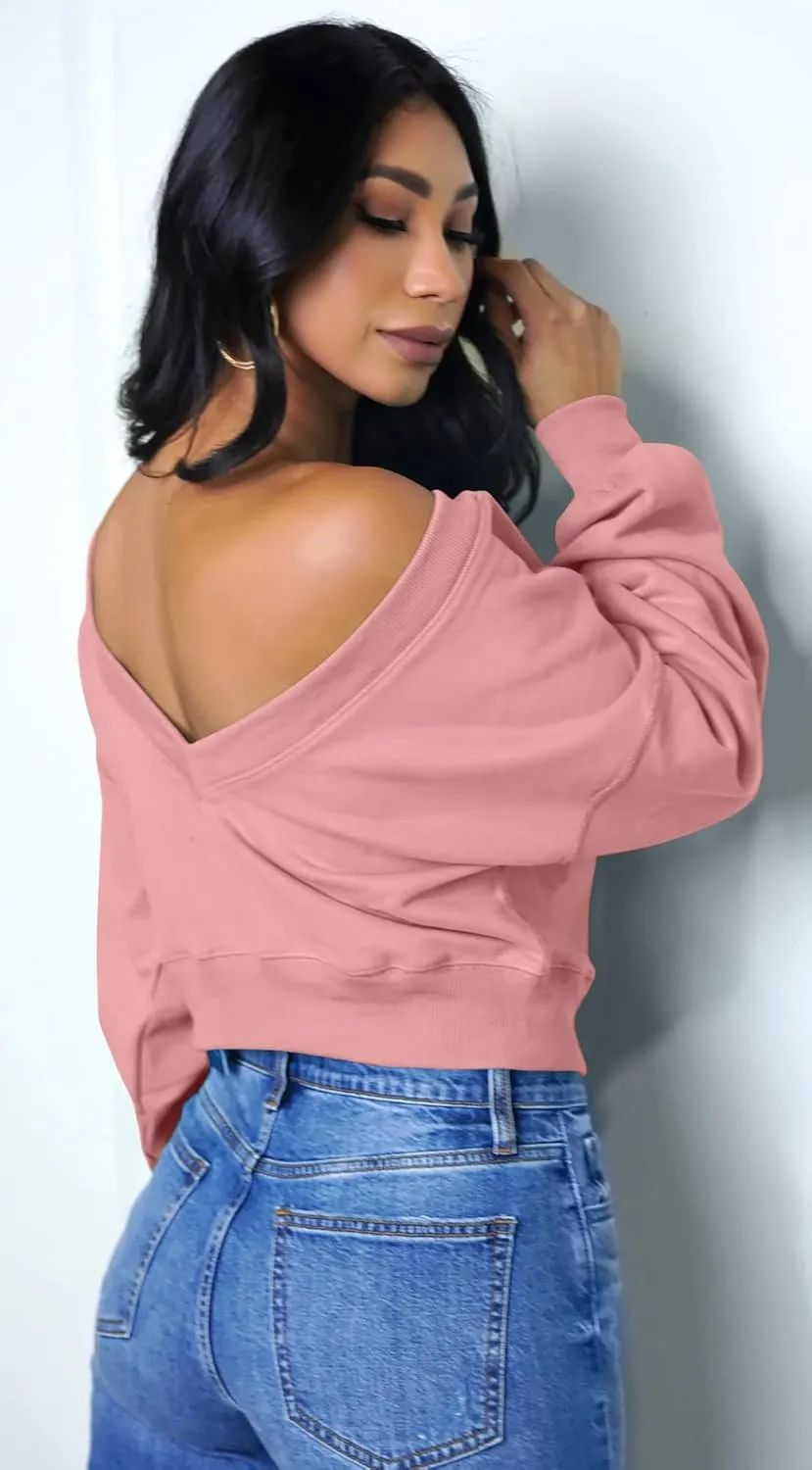 GOKATOSAU Women's V Back Long Sleeve Crop Tops One Shoulder Pullover Loose Crewneck Sweatshirts