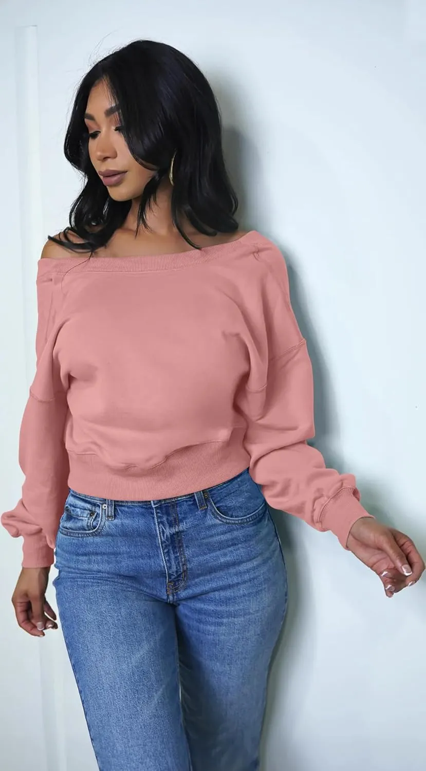 GOKATOSAU Women's V Back Long Sleeve Crop Tops One Shoulder Pullover Loose Crewneck Sweatshirts