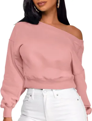 GOKATOSAU Women's V Back Long Sleeve Crop Tops One Shoulder Pullover Loose Crewneck Sweatshirts