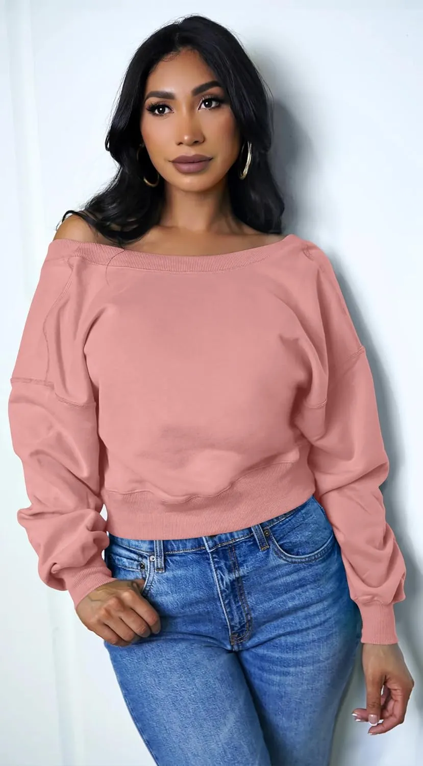 GOKATOSAU Women's V Back Long Sleeve Crop Tops One Shoulder Pullover Loose Crewneck Sweatshirts