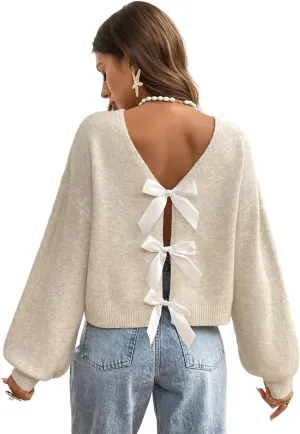 GORGLITTER Women's Bow Sweater Long Sleeve Crewneck Open Back Kintted Pullover Trendy Fall Fashion