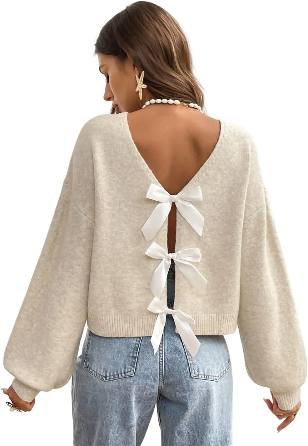 GORGLITTER Women's Bow Sweater Long Sleeve Crewneck Open Back Kintted Pullover Trendy Fall Fashion