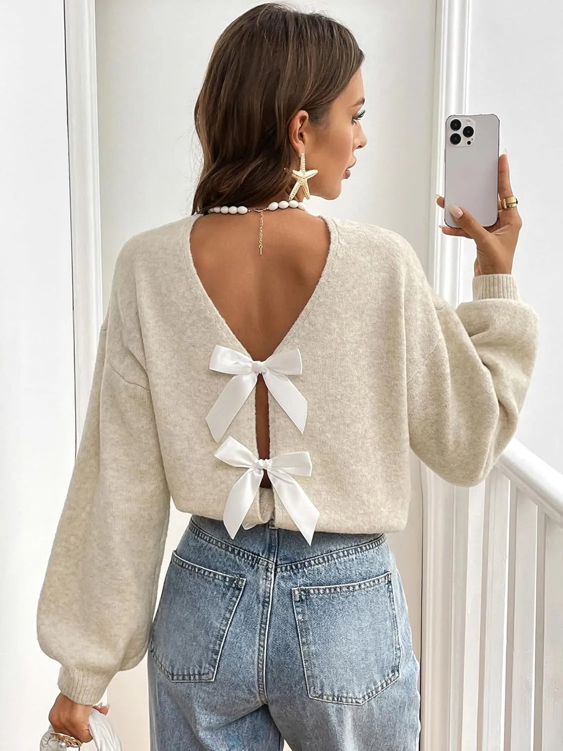 GORGLITTER Women's Bow Sweater Long Sleeve Crewneck Open Back Kintted Pullover Trendy Fall Fashion