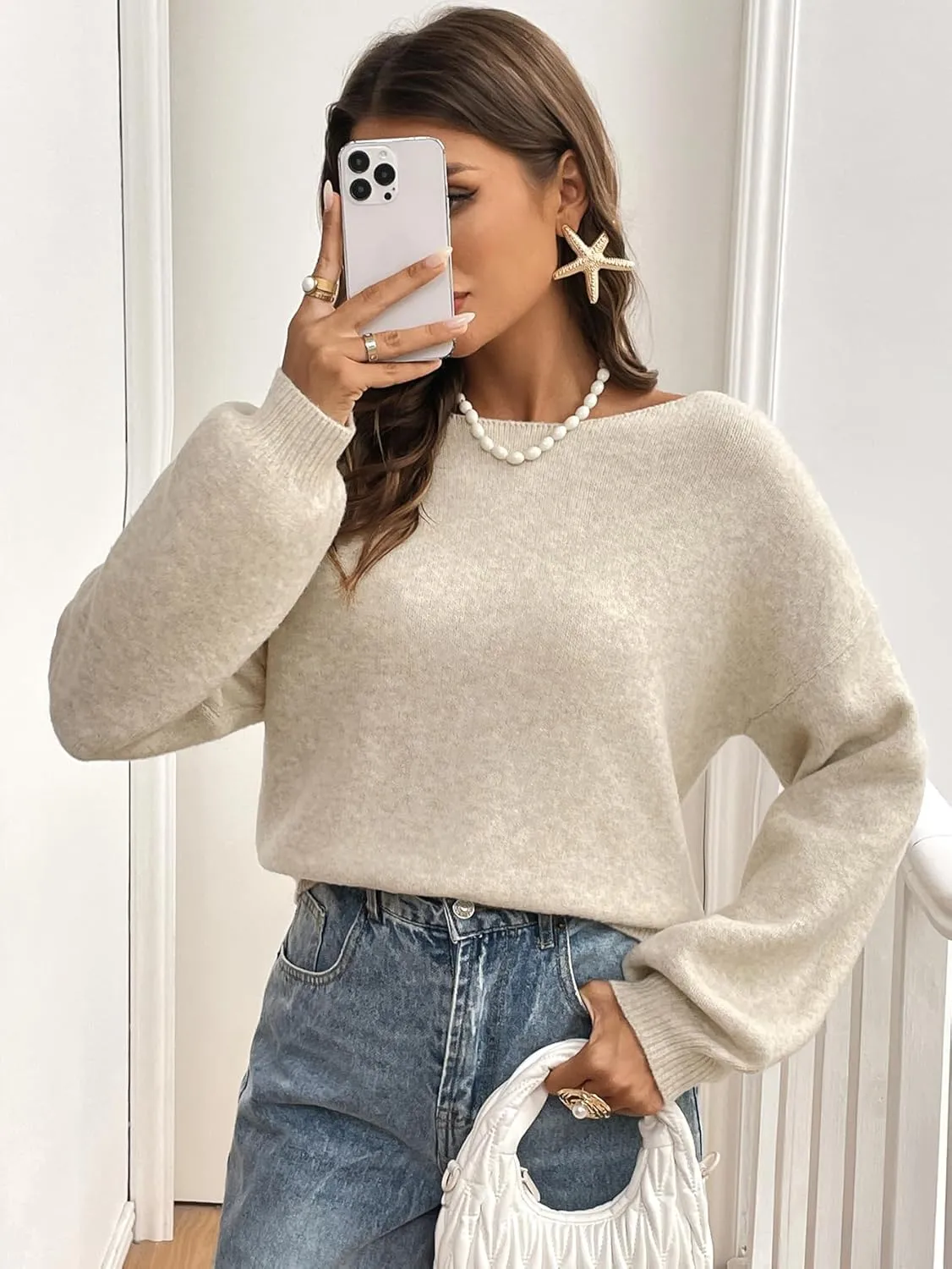 GORGLITTER Women's Bow Sweater Long Sleeve Crewneck Open Back Kintted Pullover Trendy Fall Fashion