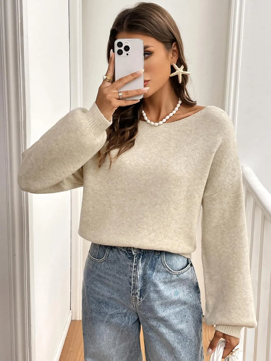 GORGLITTER Women's Bow Sweater Long Sleeve Crewneck Open Back Kintted Pullover Trendy Fall Fashion