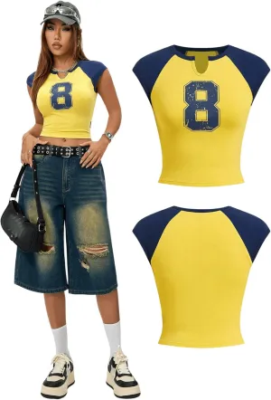 GORGLITTER Women's Colorblock Graphic Crop Top Y2K Cap Sleeve Notched Neck Crop T Shirts Tees