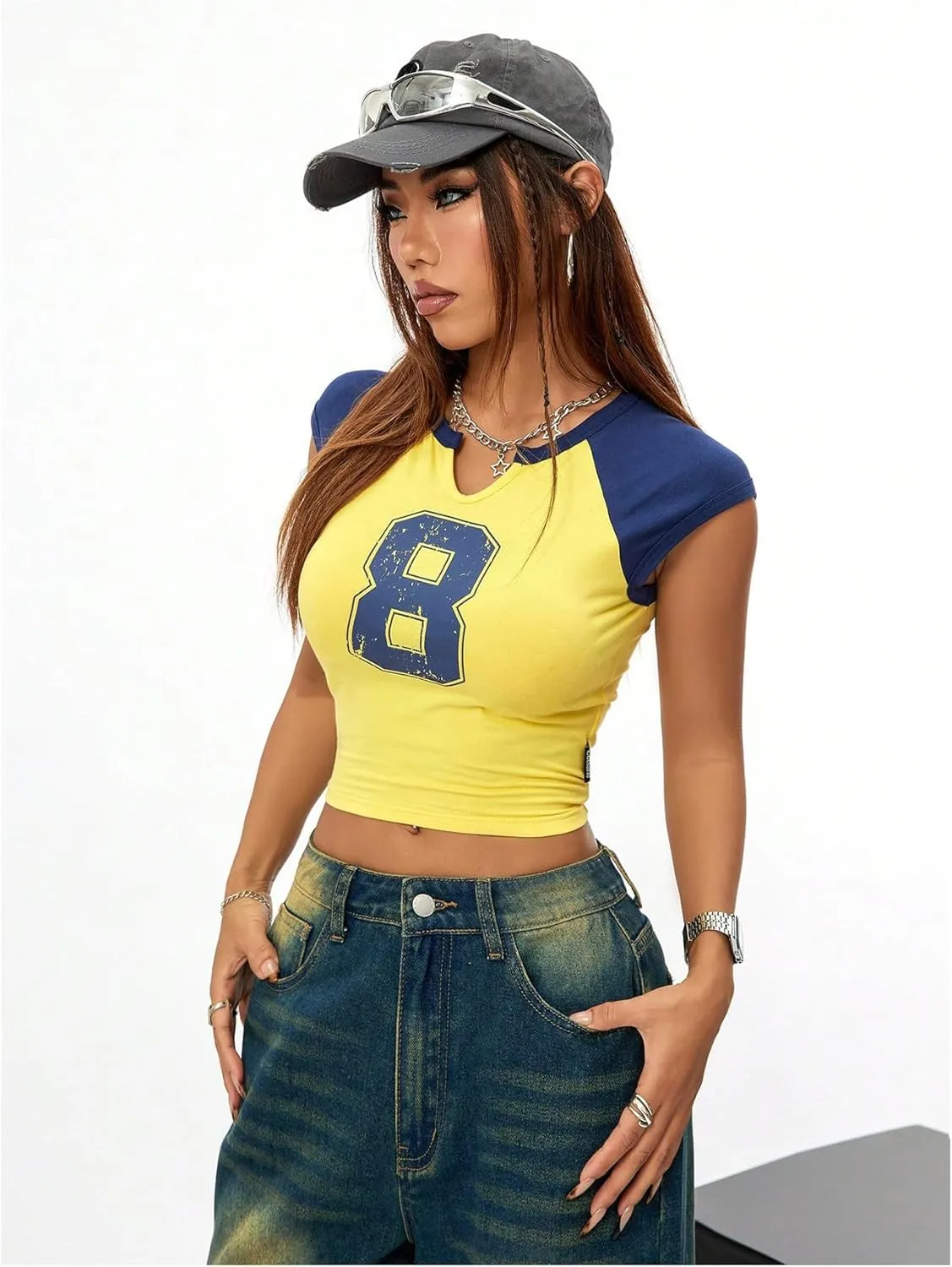 GORGLITTER Women's Colorblock Graphic Crop Top Y2K Cap Sleeve Notched Neck Crop T Shirts Tees