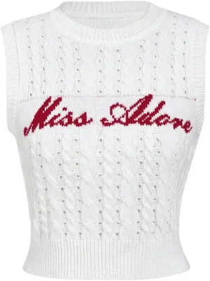 GORGLITTER Women's Letter Embroidered Crew Neck Sweater Vest Cable Knit Cropped Sleeveless Sweaters